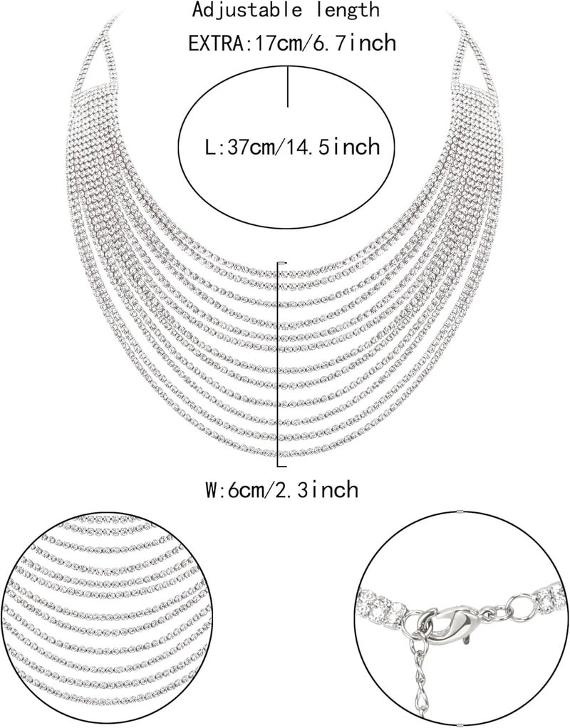 Flyonce Multi Layered Choker Collar Necklace, Glitter Rhinestone Crystal Tassel Multi-Strand Fringe Chains Bib Statement Necklace Prom Jewelry for Women - Image 5